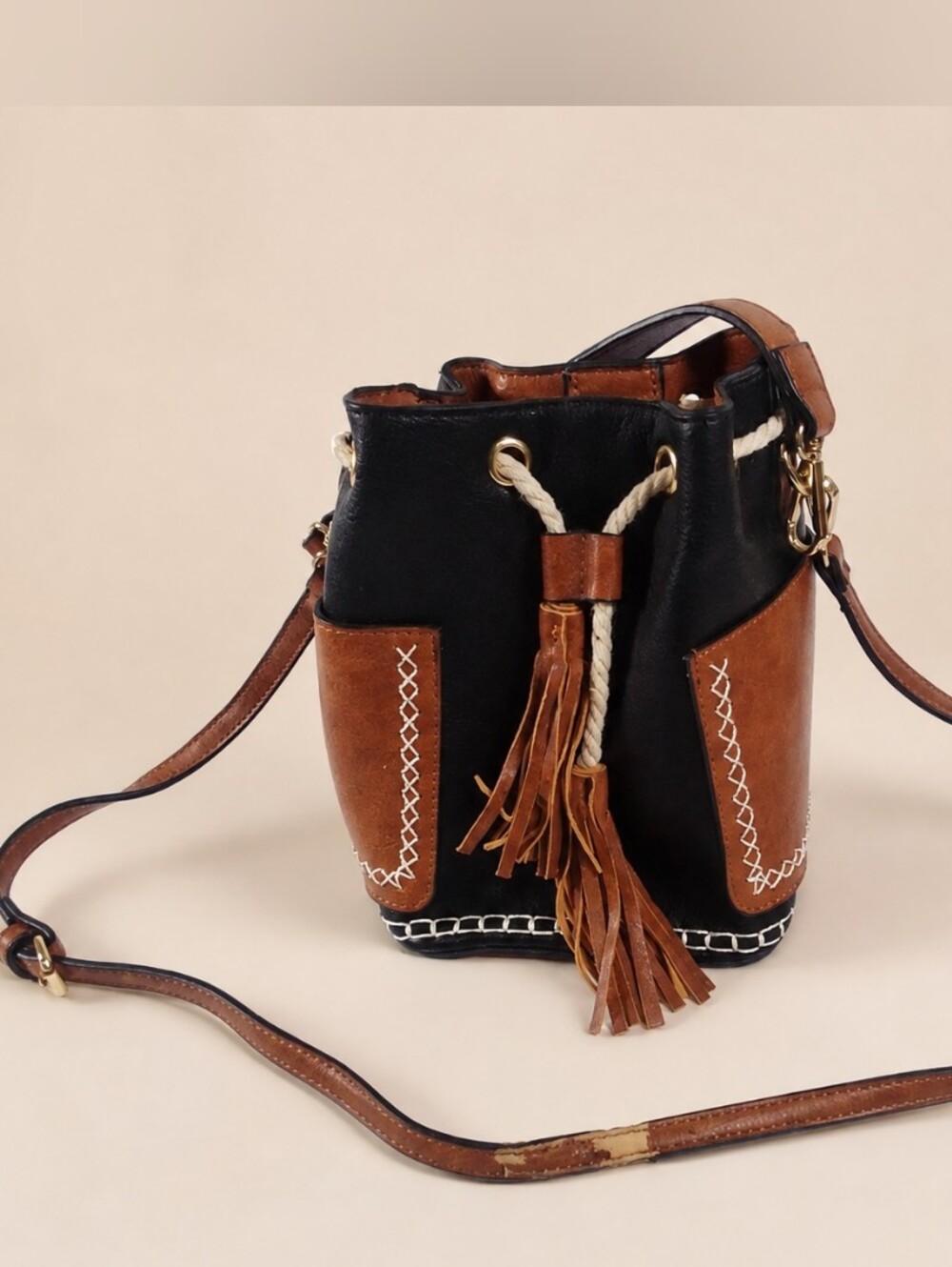 Jen & Co Black Brown Vegan Leather Mini Bucket Crossbody Tassel Bag